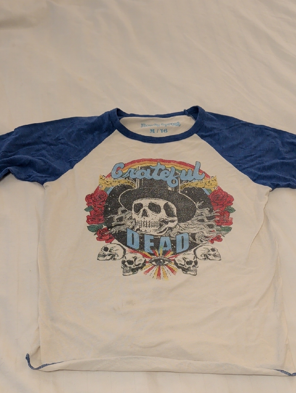 Rowdy Sprout White Tee with Blue Trim and Multicolor Graphic